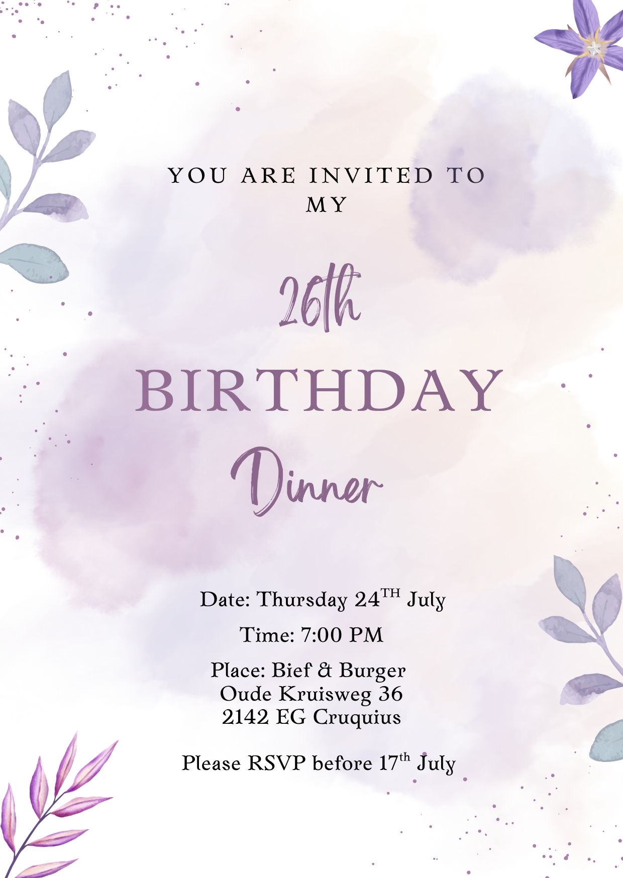 Deandra’s birthday dinner flyer 🪻